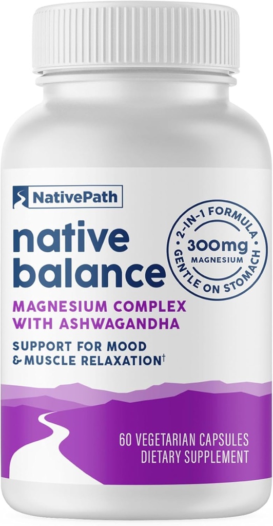 Suplemento de magnesio de equilibrio nativo de NativePath con Ashwagandha - alta absorción Aquamin Ocean-Sourced Fórmula - 60 cápsulas