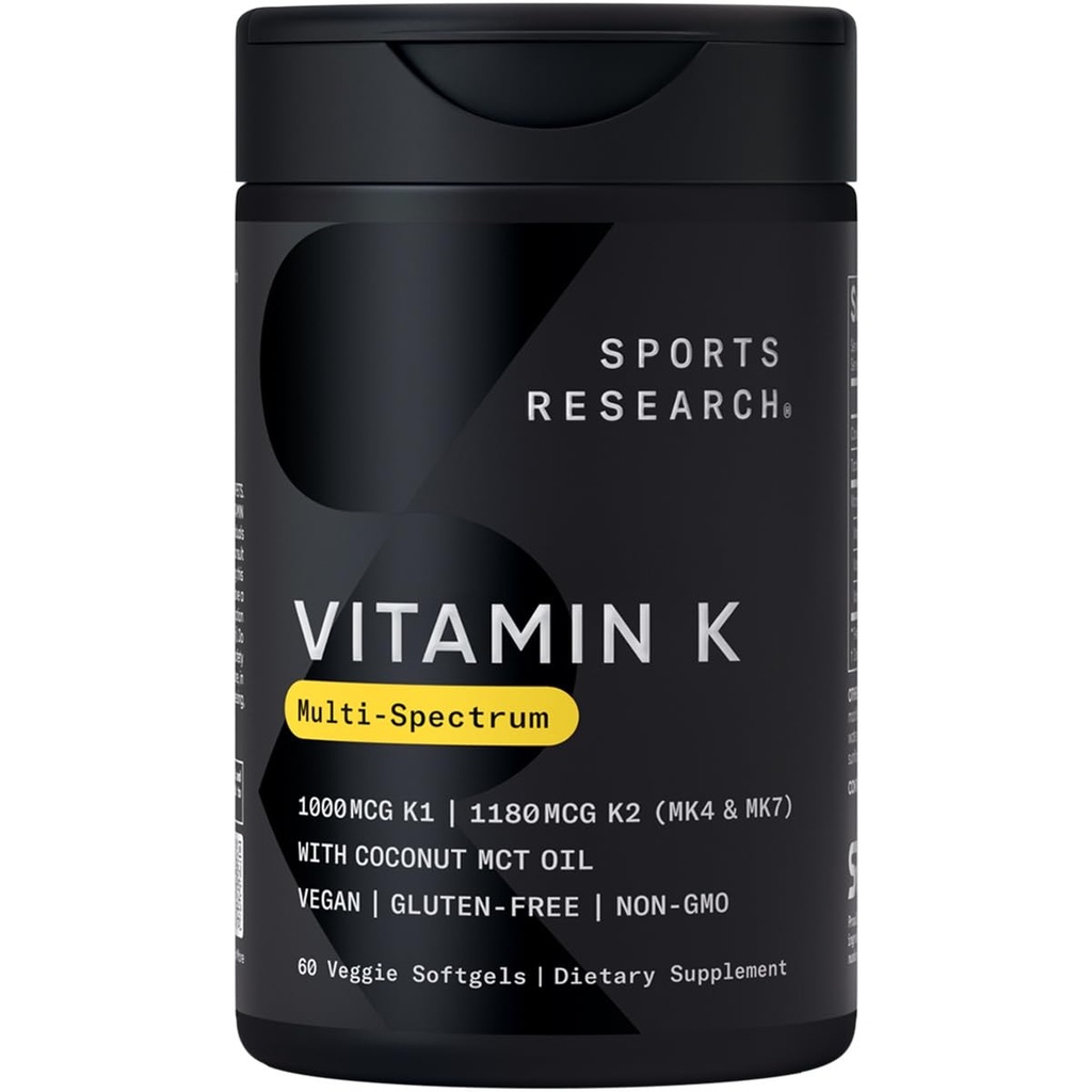 Investigación deportiva Vitamina K Multi-Spectrum - Tres tipos de vitamina K: K1, K2 MK-4 & K2 MK-7 - Vegan Friendly, Plantgel Capsule - 60 softgels