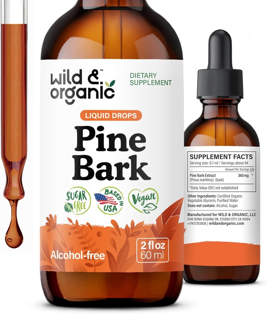 Wild & Organic Pine Bark Extract Tincture - Antioxidant Support - Pinus Pinaster Suplementos - French Maritime Bark Liquid Drops - 2-Month Supply - Vegan, Alcohol &amp; Sugar-Free - 2 fl oz