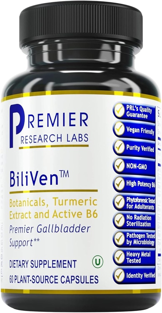 Premier Research Labs BiliVen -Gallbladder &amp; Liver Cleanse Suplemento, Gallbladder Support Pills with Artichoke Extract, Milk Thistle, Vitamin B6, Beet Root, Turmeric, Curcumin- 60 Vegetarian Capsules