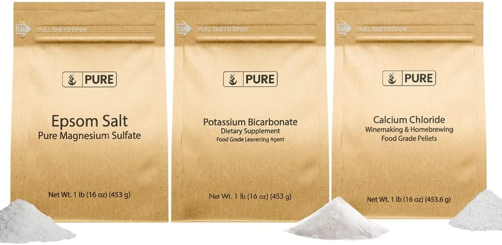 Ingredientes originales puros Bicarbonato de potasio, Cloruro de calcio, &amp; Epsom Salt Bundle, (1lb) Alimentos seguros, Limpieza &amp; Cocina