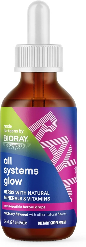 BIORAY RAYZ All Systems Glow, Raspberry Flavor - 2 fl oz - Fuente Conveniente de Vitaminas y Minerales para Adolescentes 12-18 Años Antiguo