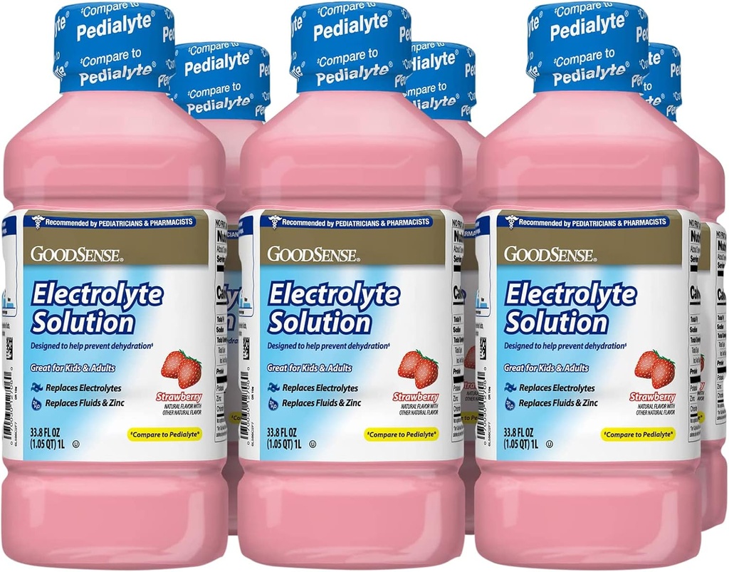 GoodSense Strawberry Electrolyte Solution, Replaces Electrolytes, Fluid & Zinc, Kids & Adults, 33.8 Fluid Ounces (Pack of 6)