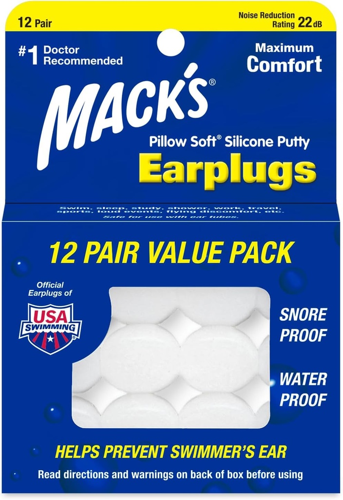 Mack's Pillow Soft Silicone Earplugs, 12 Par – The Original Moldable Silicone Putty Ear Plugs para Durmiendo, roncando, Nadando, Viajes, Conciertos y Estudiando Silencio Made in USA