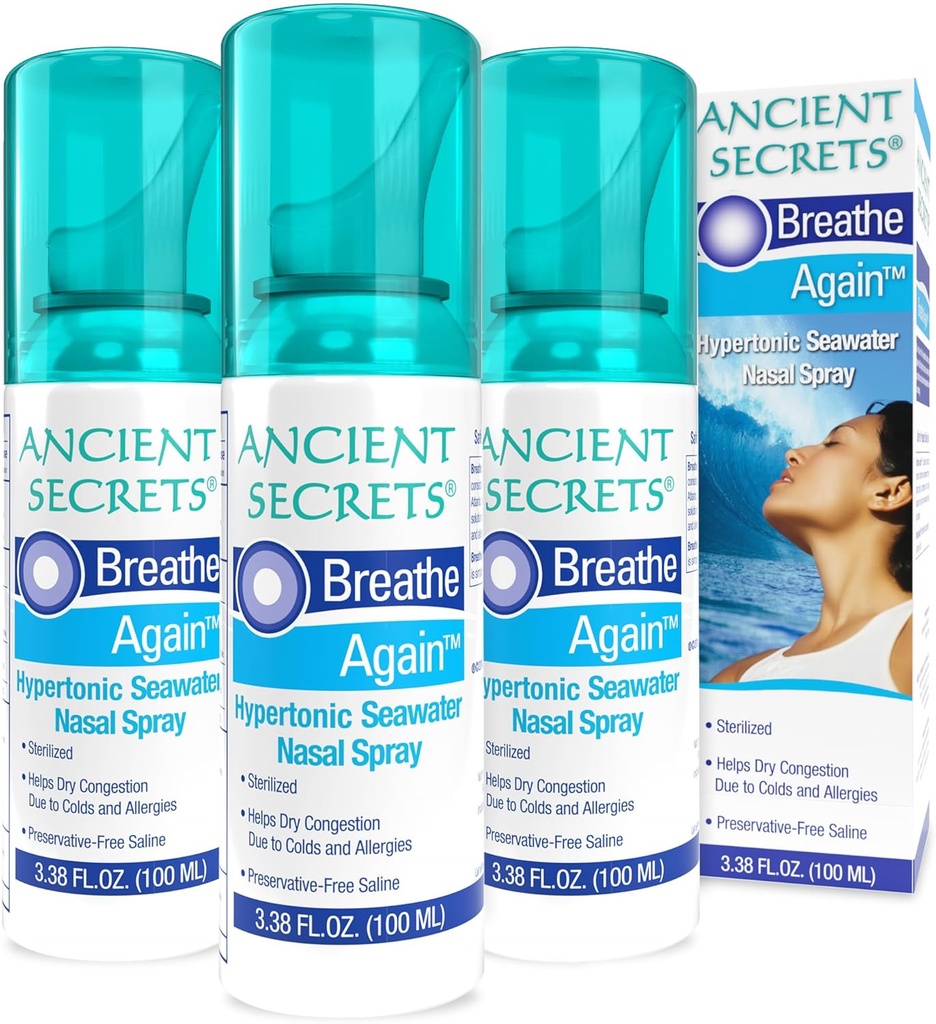 SECRETOS ANCIENTES Saline Nasal Spray - Respiración Otra vez Hipertónico Seawater Nasal Spray, Alergia &amp; Sinus Relief, Nasal Congestion Moisturizer, 3.38 Fl Oz (Pack of 3)