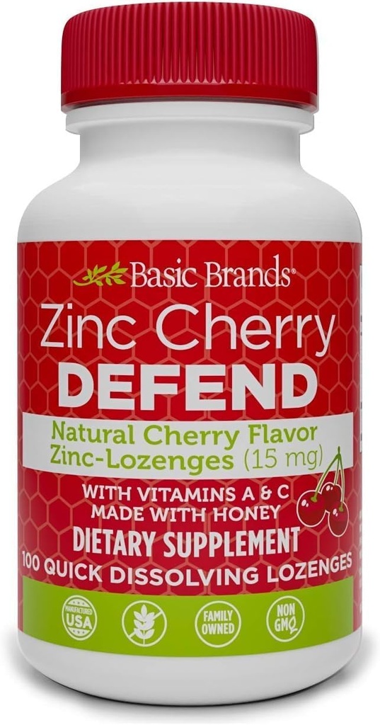 Marcas básicas – Zinc Cherry Defend - 100 Lozenges - Natural Cherry Flavor Zinc-Lozenges - Immune Boost, Cold Relief, Non-GMO, Zinc Acetate & Vitamina C - 2-Pack