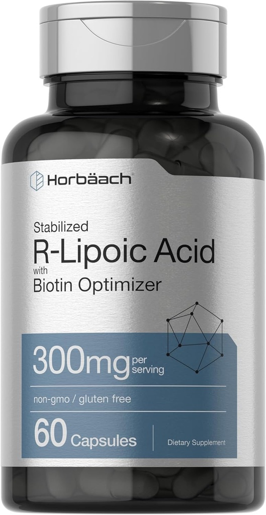 Horbäach Stabilized R-Lipoic Acid 300mg ← 60 Capsules  with Biotin Optimizer ← Non-GMO, Gluten Free ← Na-RALA Supplement