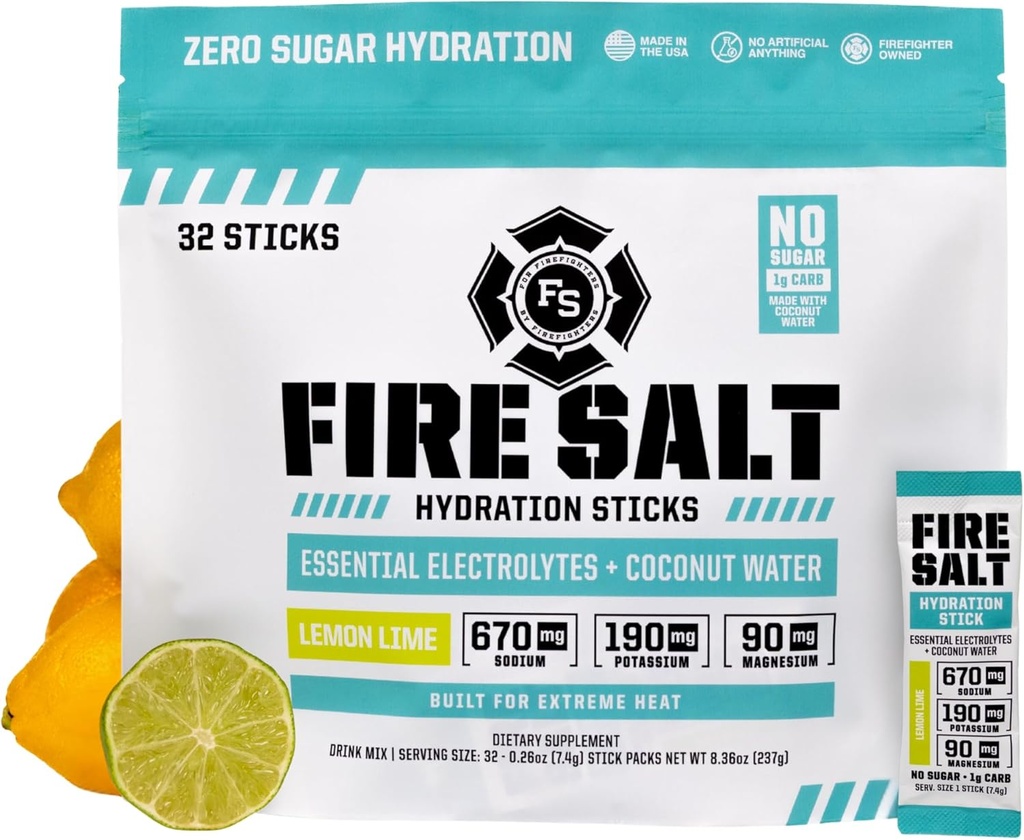 Fire Science Fire Salt Hydration Sticks, Electrolytes & Coconut Water, Hydration Drink Mix with Magnesium, Potassium & Sodium, Zero Sugar, Single Serve On The Go Packs, Lemon Lime Flavor, 32 Cuenta
