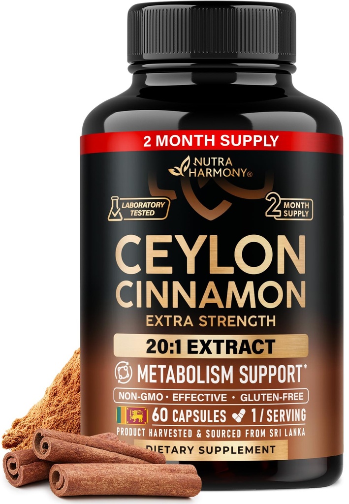 Ceylon Cinnamon Capsules - Extra Strength - Energy Heart & Metabolism Support for Men & Women - Pure Natural Cinnamon 20:1 Extract Supplement - GMO & Gluten Free - Made in USA - 60 Capsules 2 Month