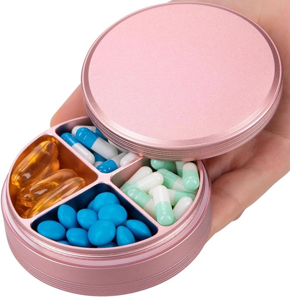 Metal Pill Organizer 4 Compartments - Portable Travel Pill Case Daily, Waterproof Pill Box for Purse, Compact Pill Holder Medicine Container Dispensers for Vitamin Cod Liver Oil Suplemento Rosa