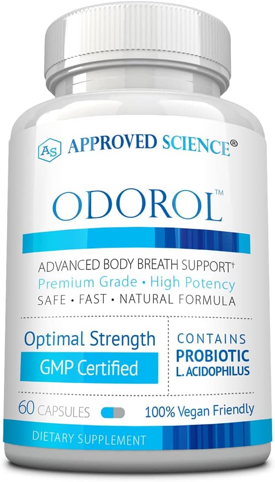 Odorol de Ciencias Aprobadas - 60 cápsulas - Fresco de mal aliento y olor corporal - Contiene L.acidophilus, té verde, corteza de Magnolia, aceite de menta y grano - Todo natural, vegano amigable, no GMO