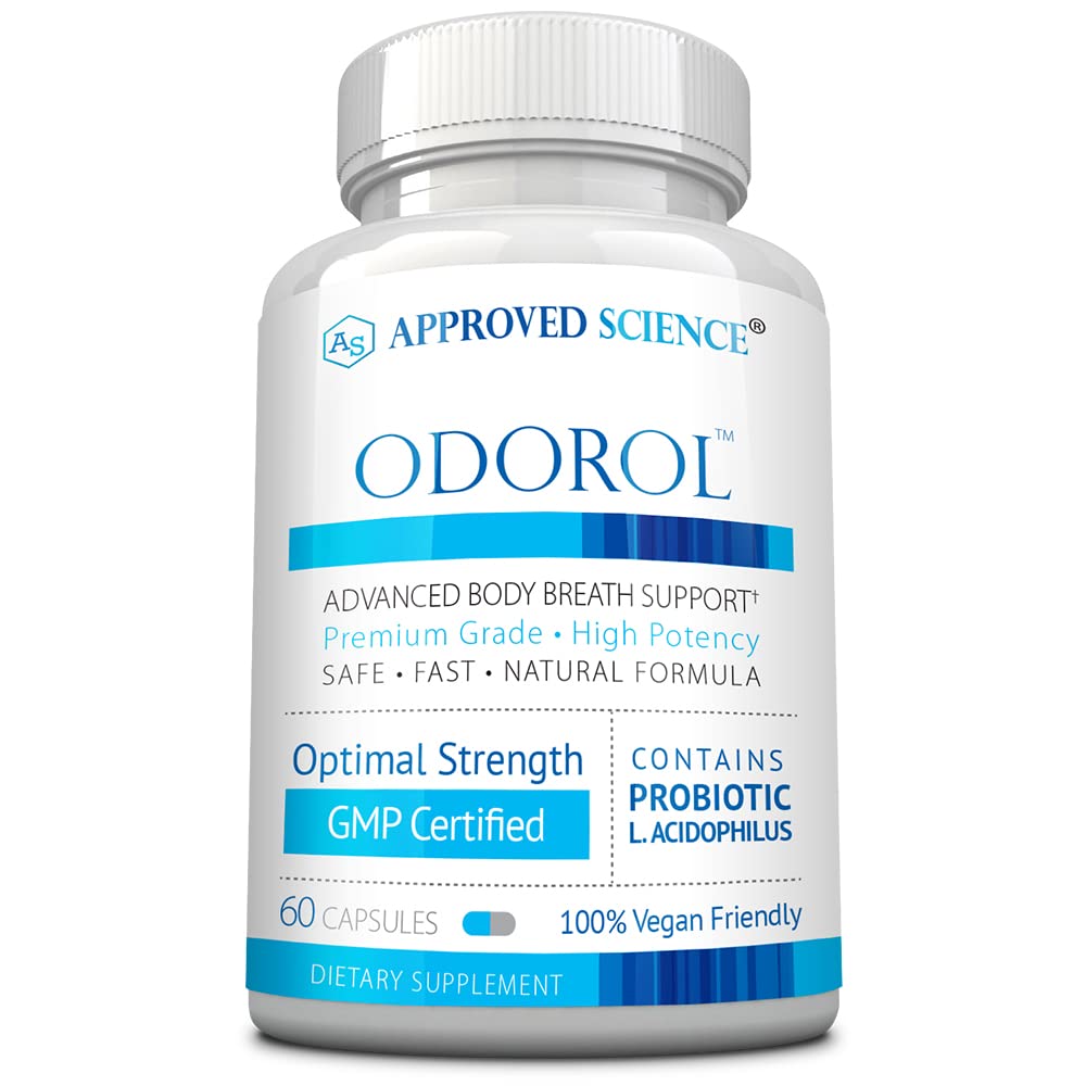 Odorol de Ciencias Aprobadas - 60 cápsulas - Fresco de mal aliento y olor corporal - Contiene L.acidophilus, té verde, corteza de Magnolia, aceite de menta y grano - Todo natural, vegano amigable, no GMO