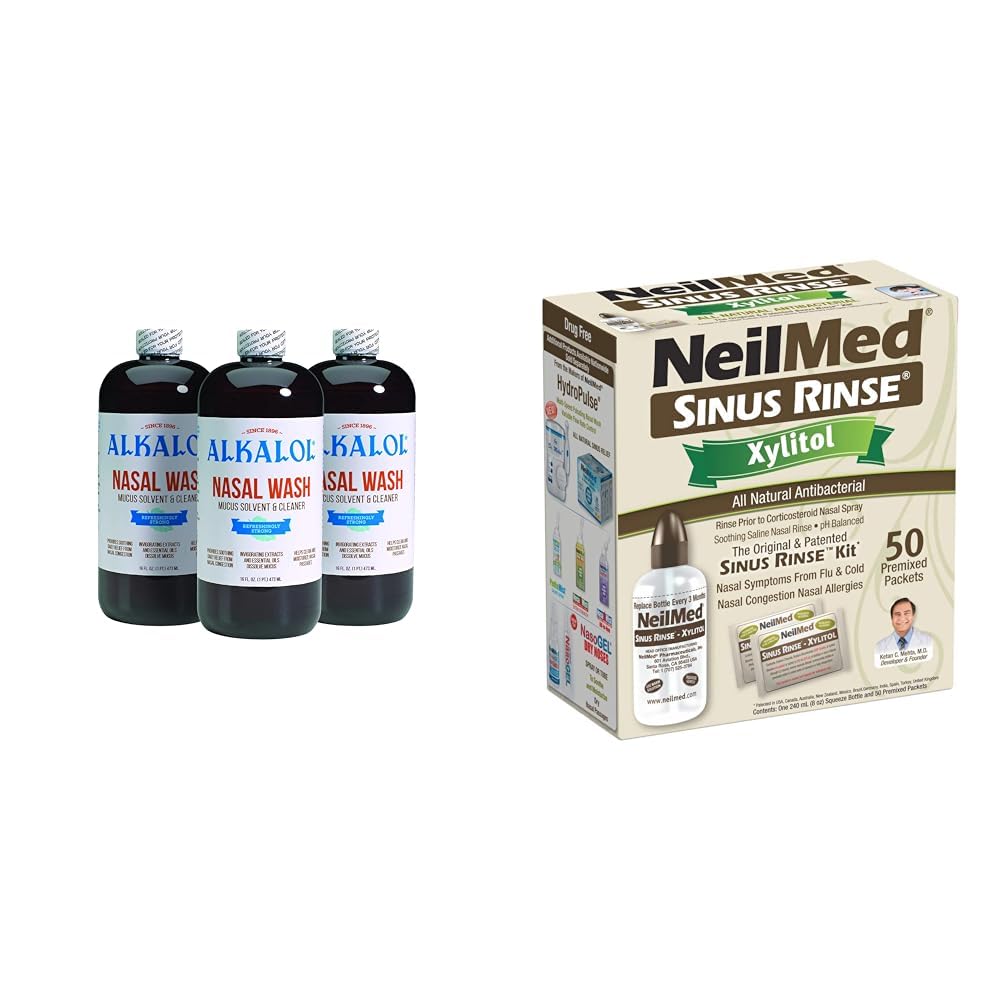 Alkalol Nasal Wash 3 Pack, NeilMed Sinus Rinse Kit con Xylitol - Alivio natural de Nasal Congestion, Dissolves Mucus, Antibacterial