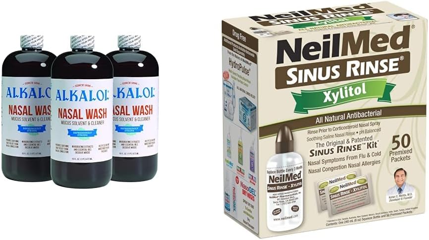 Alkalol Nasal Wash 3 Pack, NeilMed Sinus Rinse Kit with Xylitol - Natural Relief from Nasal Congestion, Dissolves Mucus, Antibacterial