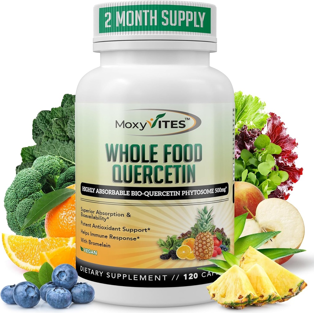 MoxyVites Quercetina con Bromelain 500mg Suplemento - Complejo Bioactivo Phytosome, Alimento completo puro orgánico Apoyo Estacional, Antioxidante, Absorción 20X " Bioavailability-120 Caps