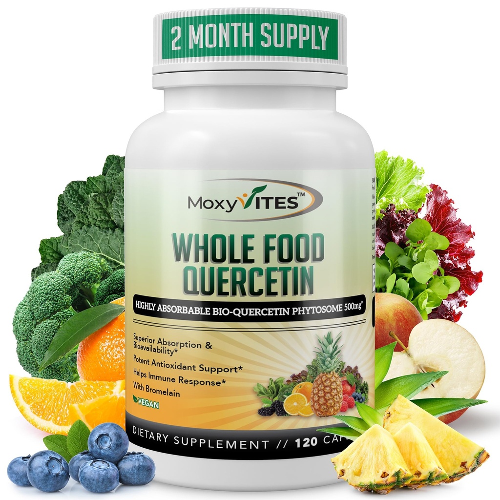 MoxyVites Quercetina con Bromelain 500mg Suplemento - Complejo Bioactivo Phytosome, Alimento completo puro orgánico Apoyo Estacional, Antioxidante, Absorción 20X " Bioavailability-120 Caps