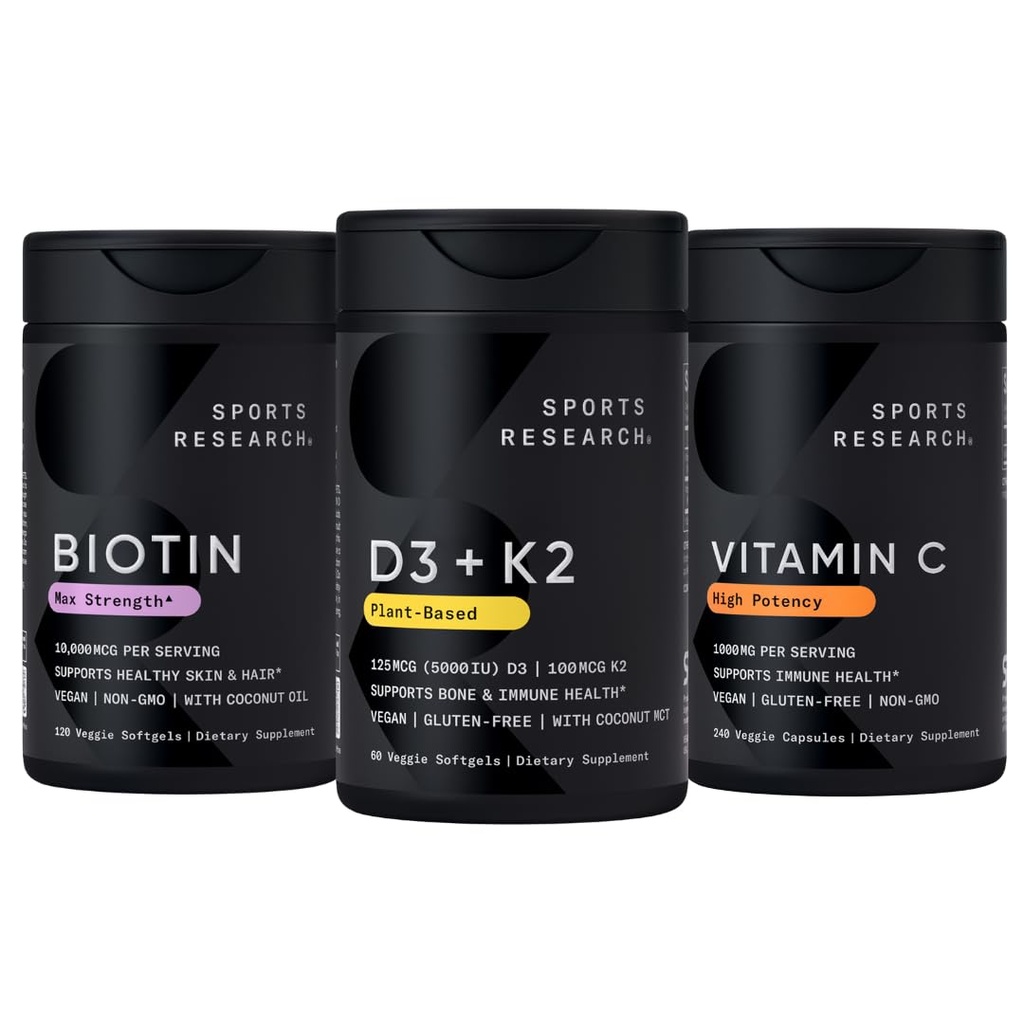 Sports Research Body Wellness Pack - Vitamin D3 5000iu K2 100mcg, Vegan Biotin 10,000mcg with Coconut Oil and High Potency Vitamin C Supplement 1000mg