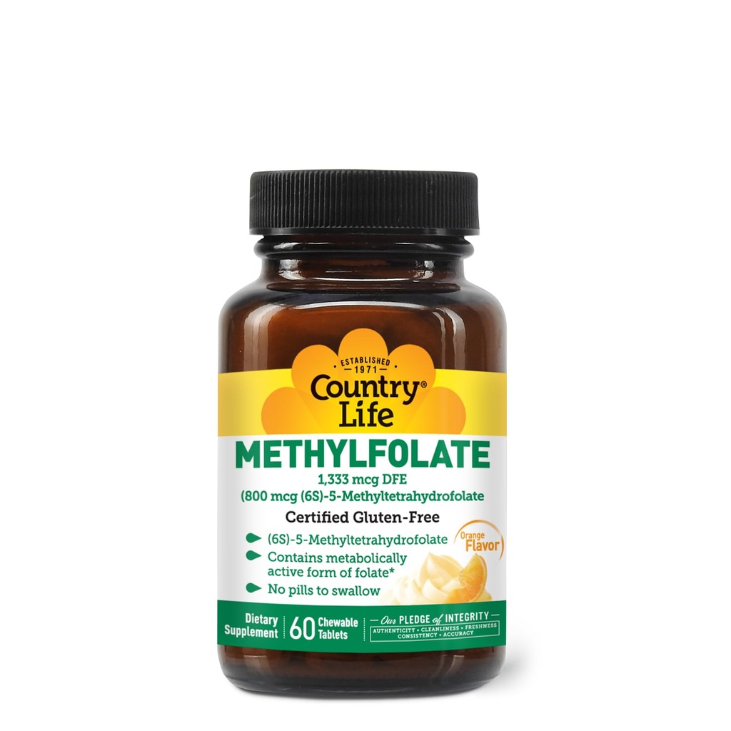 Country Life Methylfolate Chewable Tablets - Metabolically Active Folate - Great Tasting Orange Flavor - Gluten-Free - Smooth Melts - Vegan B12 - Mujeres Vitaminas - Suplemento diario - 60 Tablets