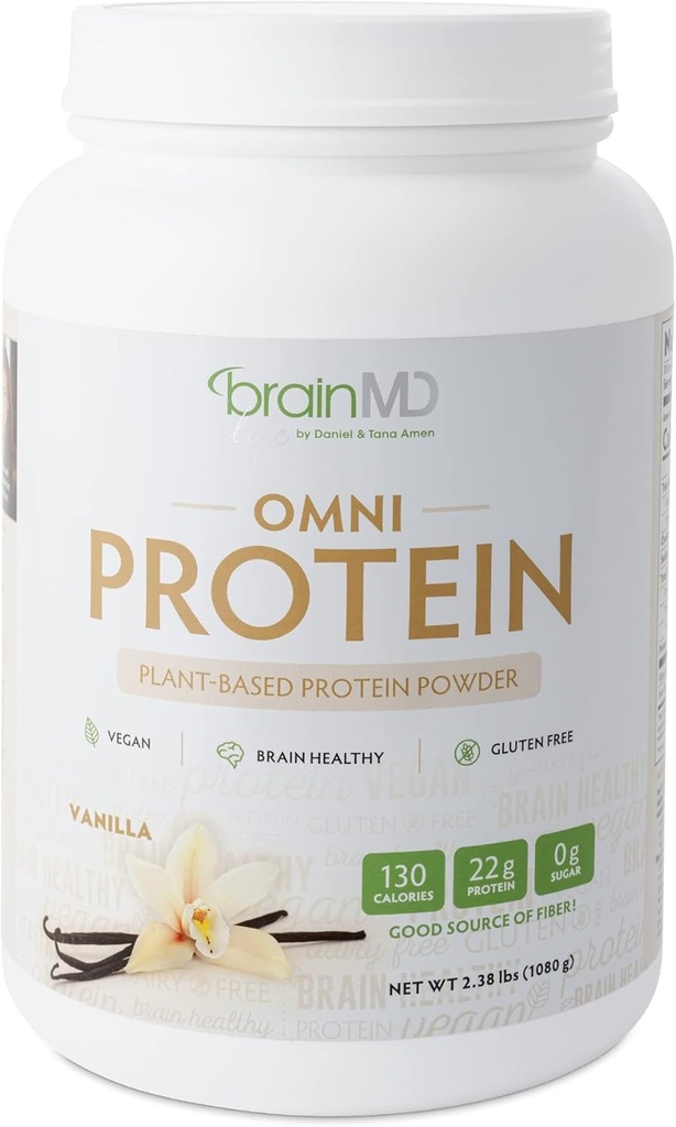 BRAINMD Dr Amen Omni Protein Vanilla - 2.38 lbs - Powder de proteína de base vegetal - promueve la recuperación de la energía y el ejercicio - Vegan, Vegetariano, Sugar Gratis, Gluten Gratis - 30 Servings
