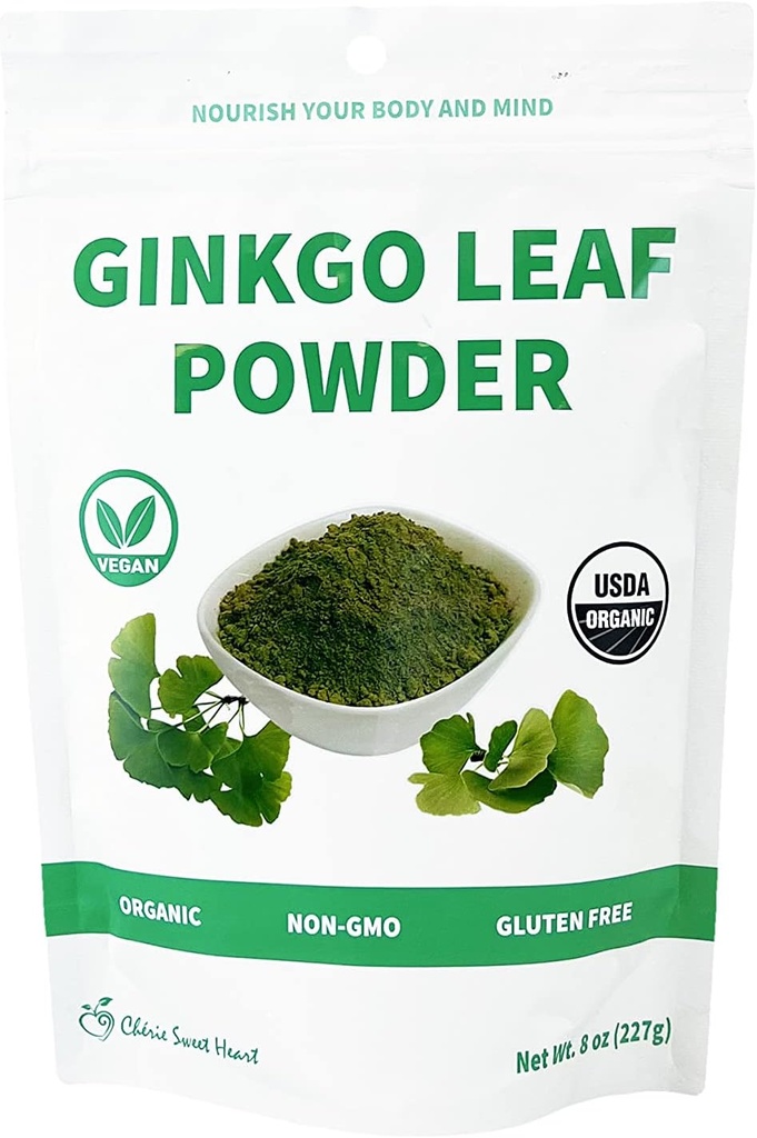 Chérie Sweet Heart Organic Ginkgo Biloba Leaf Powder, Filler Free, No GMOs, Vegan Friendly (8 onzas)