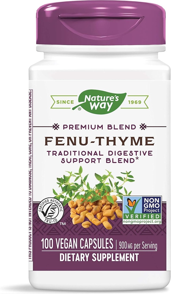 Camino de la Naturaleza Fenu-Thyme - Apoyo Digestivo Tradicional Blend* - 900 mg de Thyme & Fenugreek por 2-Capsule Serving - Proyecto No-GMO Verificado " Dairy Free - 100 cápsulas Vegan