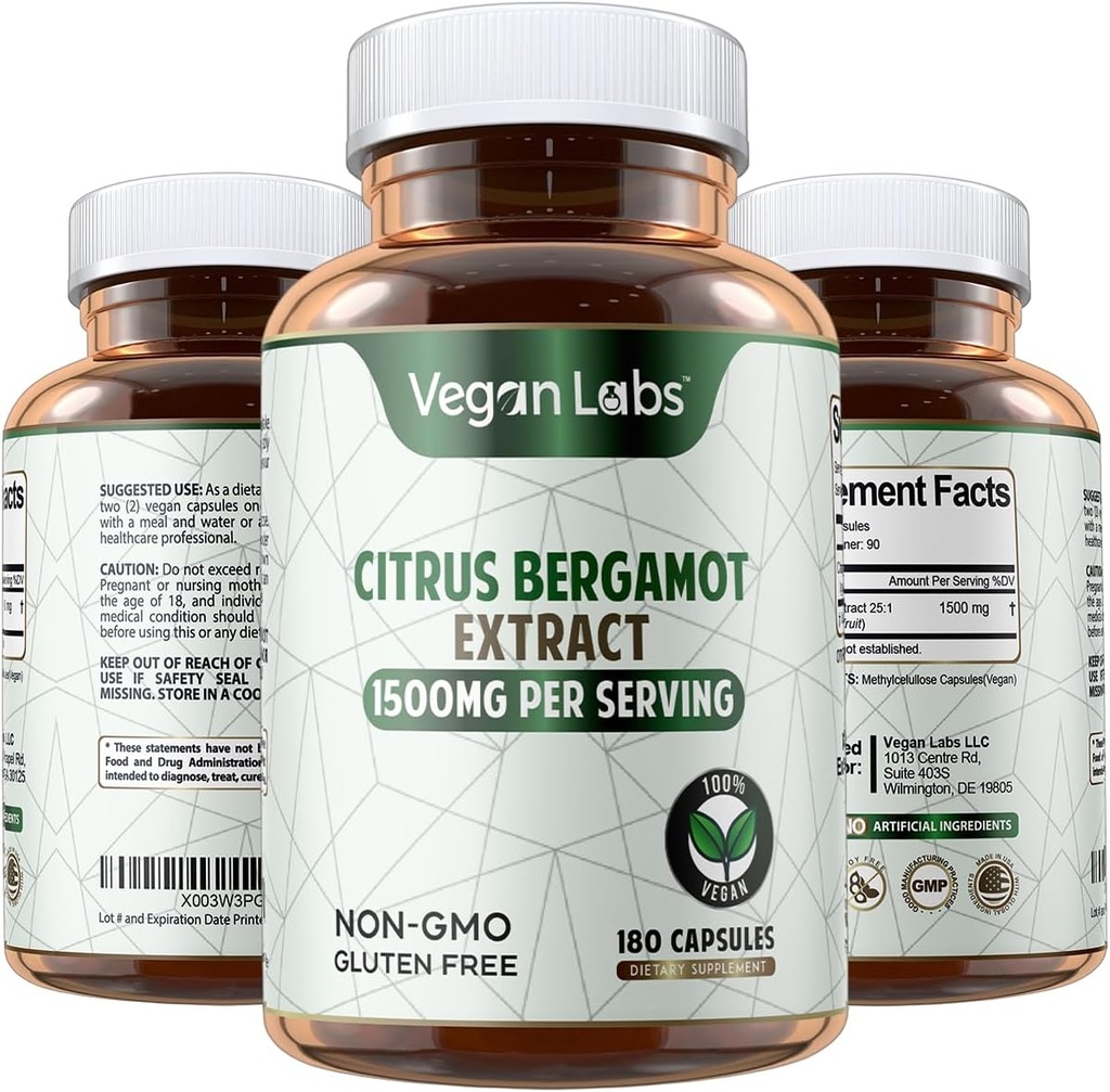 Laboratorios Veganos Citrus Bergamot Extracto 1500MG- 180 Vegan Capsules- 25:1 Citrus Bergamia Extract- Supports Global Health and Antioxidant Protection- Gluten Free, Non-GMO