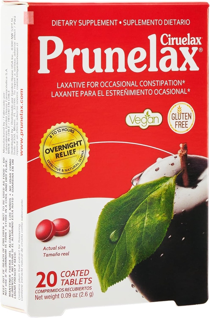 Prunelax Ciruelax Estrés Laxative Mini Tablets - Alivio de la noche para el estreñimiento ocasional, Senna Extract, Vegan &amp; Gluten-Free, Gentle Relief - 20ct