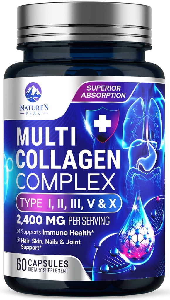 Multi Collagen Peptides Suplemento para el cabello, la uñas, la piel - Tipo I, II, III, V, X, Collagen Powder Pills - Grass-Fed, Hidrolyzed for Bone and Joint Support for Women ' Men, Non-GMO - 60 cápsulas