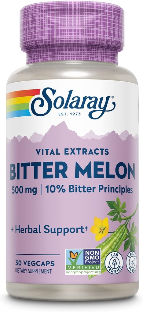 SOLARAY Bitter Melon Fruit Extract, Garantizado para Contener 50 mg (10%) Principios de Bitter incluyendo Charantin, Vegan, 30 Servings, 30 VegCaps