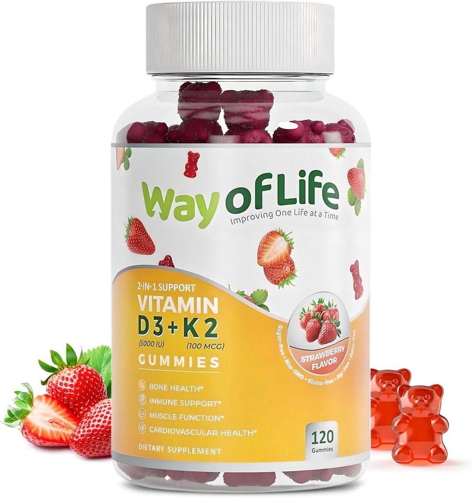Vitamina D3 5000 UI (125 mcg) + K2 (MK-7) 100 mcg Gummies sin azúcar, fresa - 120 cuentan, Bone and Heart Health for Adults, Muscle Funtion, Pectin, Tasty, Chewy, Non-GMO, Gluten-Free, Gelatin-Free