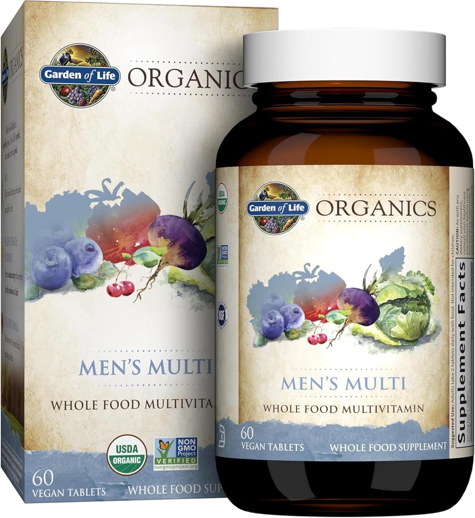 Jardín de Vida Orgánicas Alimento completo Multivitamínico para Hombres, 60 Tabletas, Vegan Mens Vitaminas y Minerales para la Salud y el Bienestar, Certificado Orgánico Vegan Multi
