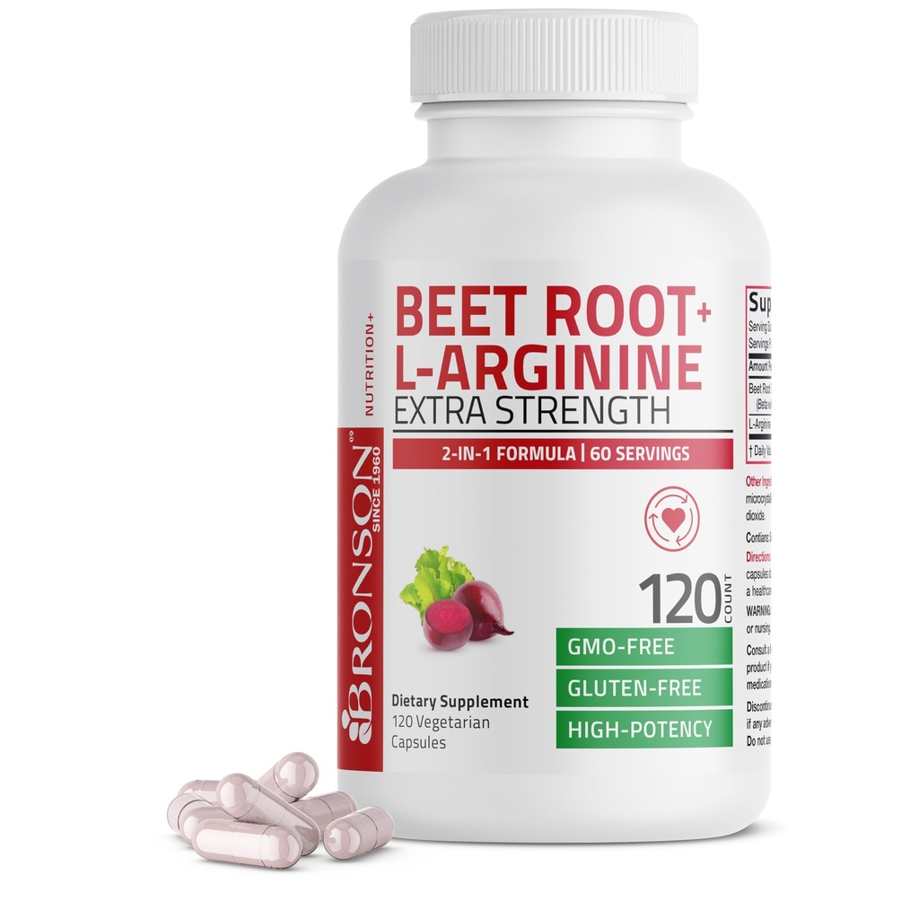Bronson Beet Root + L-Arginine Nitric Oxide Production- Non-GMO, 120 Vegetarian Capsules