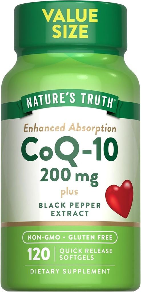 La verdad de la naturaleza CoQ10 200mg TEN 120 Softgels ANTE High Absorption ¦ Non-GMO &amp; Gluten Free Coenzyme Suplemento Silencio con Black Pepper Extract