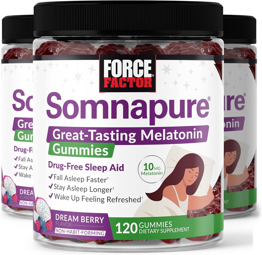 Factor de fuerza Somnapure Gummies with Melatonin for Adults, Non-Habit-Forming Sleep Aid Supplement for Deep Sleep, Stay Asleep Longer, Wake Up Refreshed, Dream Berry Flavor, 360 Gummies (Pack of 3)