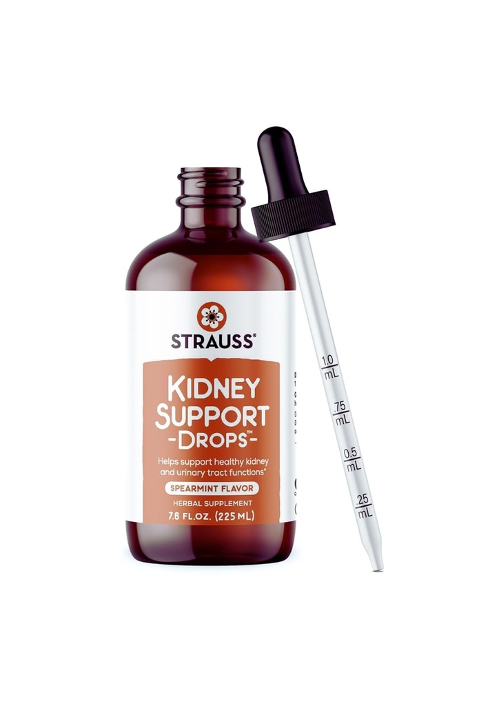 Strauss Naturals Kidney Support Suplemento gotas para hombres y mujeres – Kidney Cleanse Detox & Reparación – Ayuda con la función de tracto urinario - Vegan &amp; Non-GMO – Spearmint Flavored – 225 ml Botella