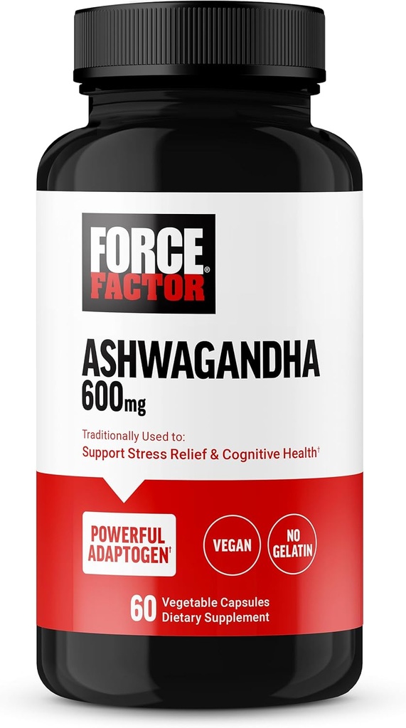 FORCE FACTOR Ashwagandha Suplementos Hecho con Premium Vegan Ashwagandha Powder, Adaptogens to Support Stress and Cognitive Health, No Gelatin, Non-GMO, 60 cápsulas