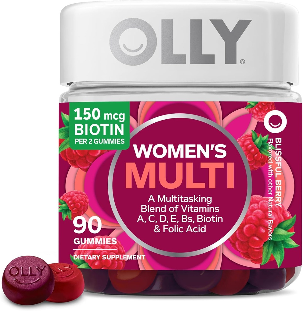 OLLY Gummy multivitamina de las mujeres, vitaminas A, D, C, E, Biotina, Ácido fólico, Vitamina Chewable de Adulto, Sabor de Berry, fuente de 45 días - 90 Cuenta