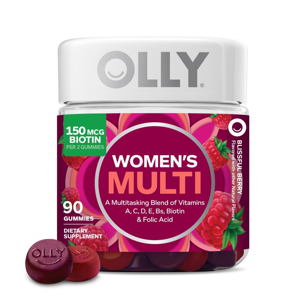 OLLY Gummy multivitamina de las mujeres, vitaminas A, D, C, E, Biotina, Ácido fólico, Vitamina Chewable de Adulto, Sabor de Berry, fuente de 45 días - 90 Cuenta
