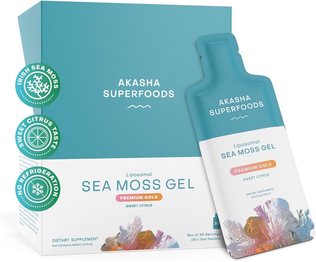 Akasha Superfoods Irish Sea Moss Gel, Liposomal Seamoss with Irish Sea Moss, Vitamina E, Citrus, Organic Vanilla, Glycerin, Skin, Energy & Gut Health Support for Women &amp; Men, Sweet Citrus Flavor, 30 Ct