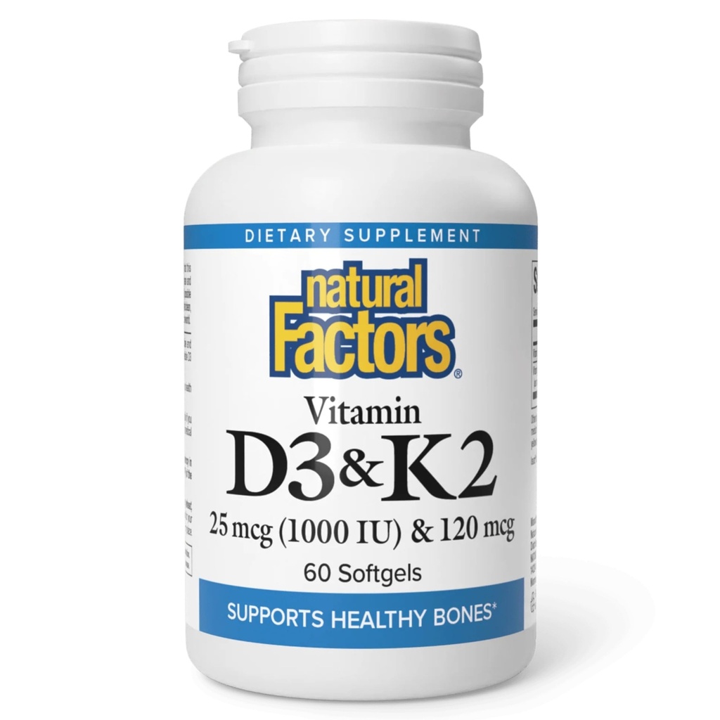 Factores naturales, vitamina D3 &amp; K2 1000 UI y 120 mcg, soporta el hueso y la salud vascular, 60 Softgels