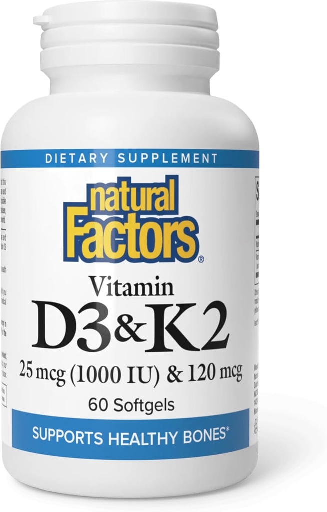 Natural Factors, Vitamin D3 & K2 1000 IU and 120 mcg, Supports Bone and Vascular Health, 60 Softgels