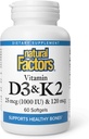 Factores naturales, vitamina D3 &amp; K2 1000 UI y 120 mcg, soporta el hueso y la salud vascular, 60 Softgels