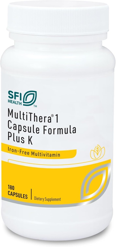 Klaire Labs SFI Health MultiThera 1 Plus K Iron-Free Multivitamin & Multimineral Capsule Formula with Vitamin K1 & K2 - High Potency with Active Folate, No Iron (180 cápsulas)