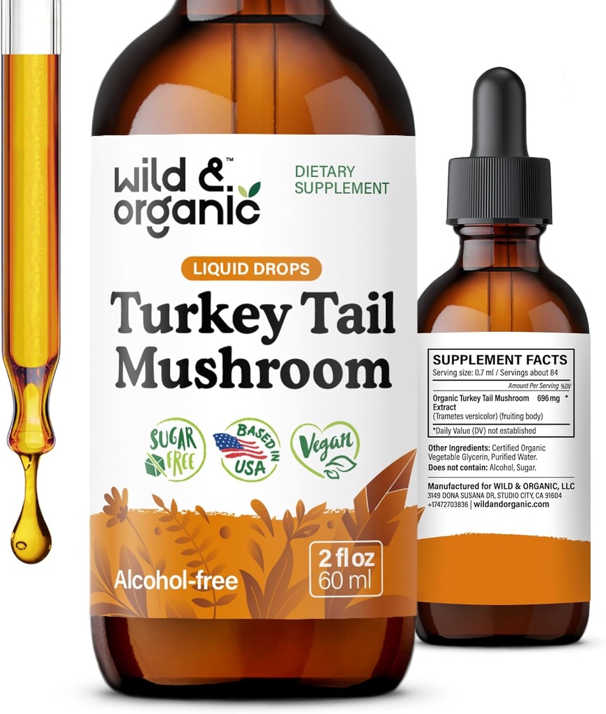 Wild & Organic Turkey Tail Tincture - Immune & Gut Support - Turquía Tail Mushroom Extract Drops - Vegan, Sugar &amp; Alcohol-Free Liquid Supplement - 2 fl oz