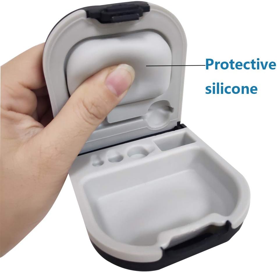 Caso de ayuda auditiva con almacenamiento de batería Ranura de almacenamiento duro pequeño 0.59"*2.44"*1.57",Silicone Cushion, para ITE, BTE Hearing Aids (Black)