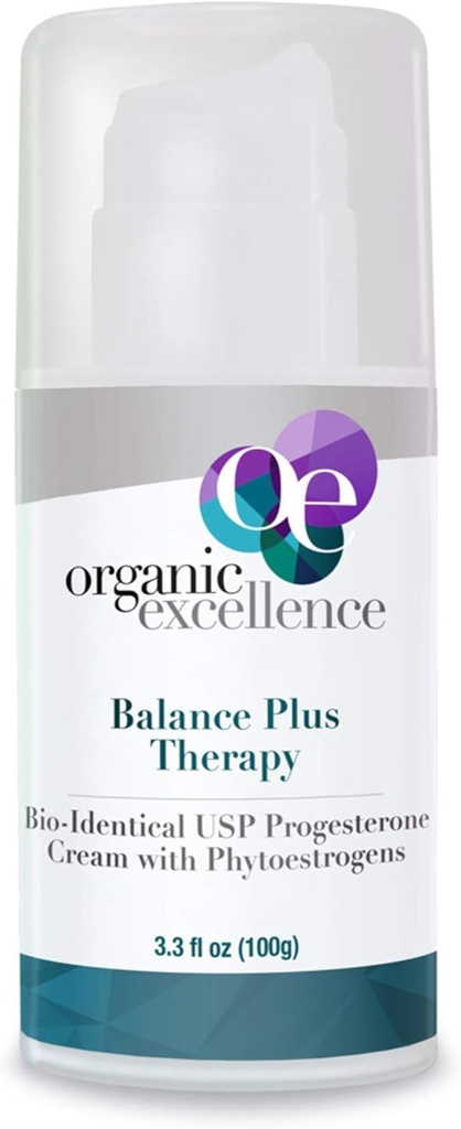 Excelencia Orgánica Balance Plus Terapia - USP Bioidentical Orgánica Progesterona Crema para Mujeres - con Fitoestrógenos - para Alivio de la Menopausa y Equilibrio de Hormonas Naturales, 3.3 fl oz (100g)