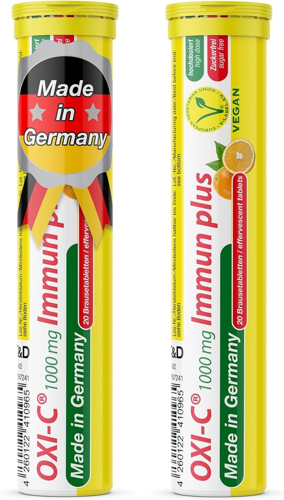 T&D Oxi C 1000 mg Vitamin C - 40 Vegan Drink Effervescent Tablets - Orange Flavor - Made in Germany