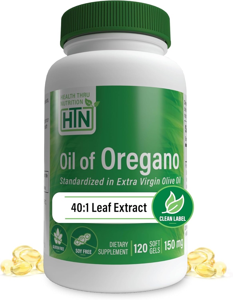 Petróleo de orégano 120 Mini-Softgels ← Salvaje Harvested ← Europa 40:1 Origanum Vulgare Equivalente a 600 mg de orégano en el aceite de oliva virgen extra ← No GMO Gluten Free tención por Health Thru Nutrition (Pack of 120)