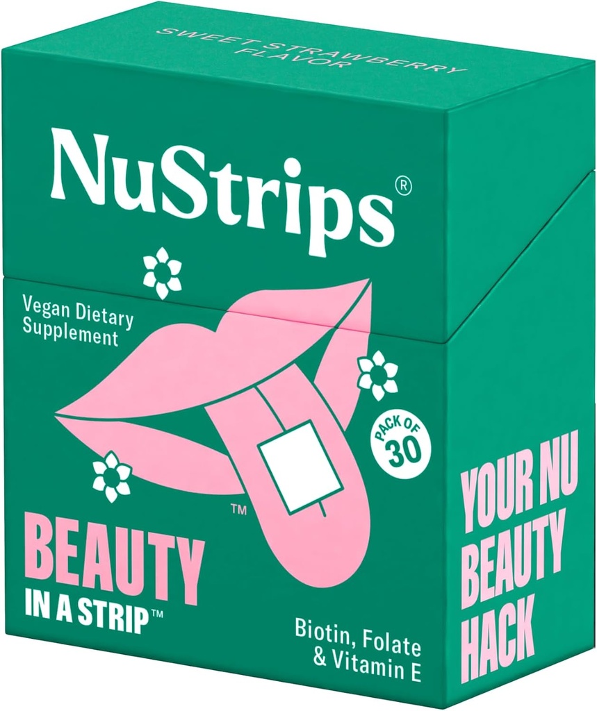 NuStripsTM Fast-Dissolving Beauty Strips with Biotin, Folate &amp; Vitamin E – Hair, Skin & Nails Supplement – Supports Hair Growth " Reduce Hair Fall – Non-GMO, Vegan – Delicious Strawberry – 30 Strips