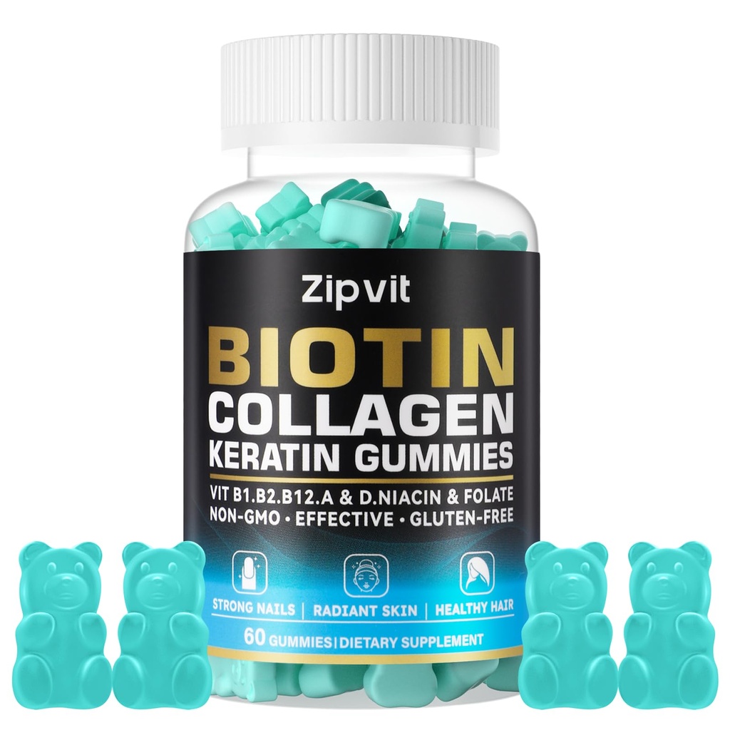 Biotina Collagen Gummies – Peluquería y uñas Vitaminas para Mujeres y Hombres – Crecimiento del Pelo Vitaminas: B1, B2, B6, B7, Collagen, Keratin, Vitamina A &amp; D – Suplemento de Crecimiento del Pelo – 60 Osos Gummy